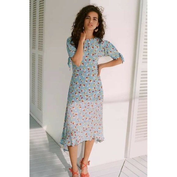 Anthropologie Faithfull The Brand Erin Floral Midi Dress Jasmin Blue Floral 6/M - Picture 1 of 14